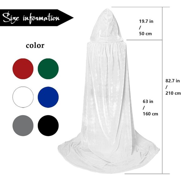 White Witch Velvet Hooded Cloak Halloween Cape Queen King Renaissance Medieval - Picture 6 of 6